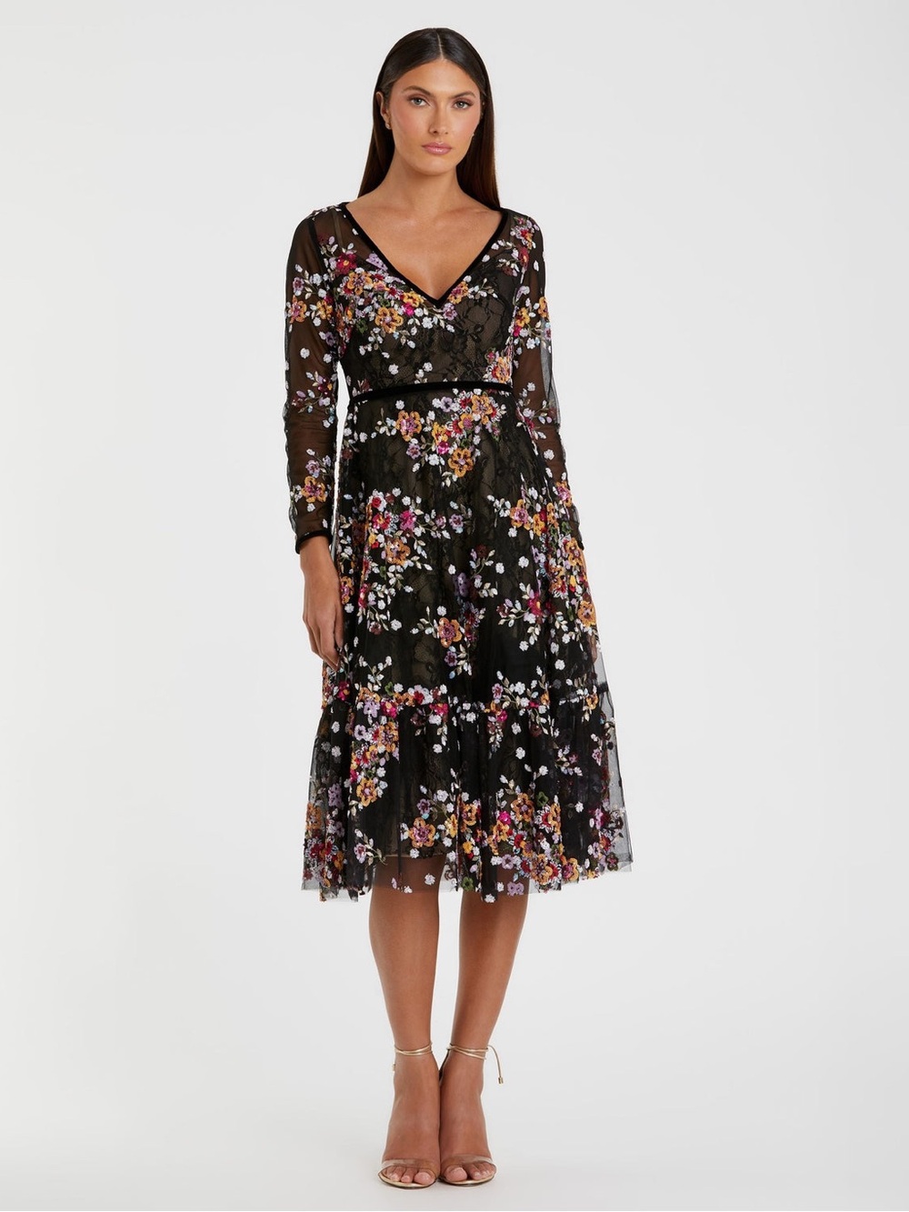 Black Floral Embroidered Tea Length Dress Mac Duggal